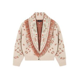 ALANUI Jacquard Knit Shawl Collar Cardigan with Fringed Trim Women Beige